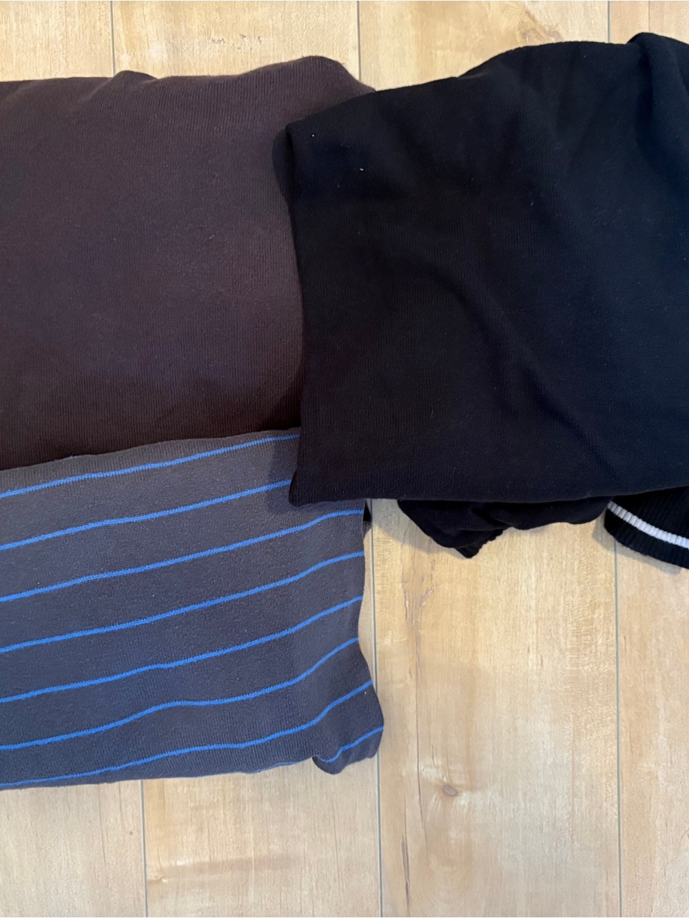 3-Pack Folded Knit Tops in Black, Brown, and Navy with Blue Stripe